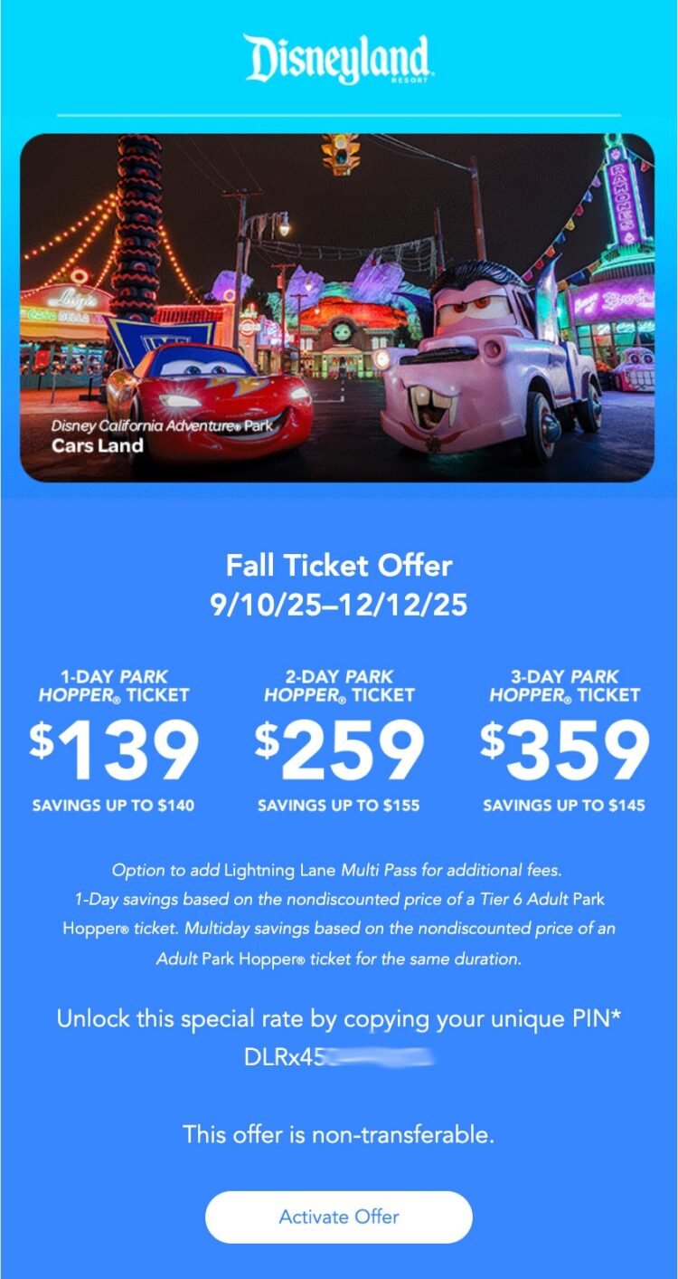 New Disney PIN Code Bargain on Disneyland Tickets for Halloween & Christmas 2025!